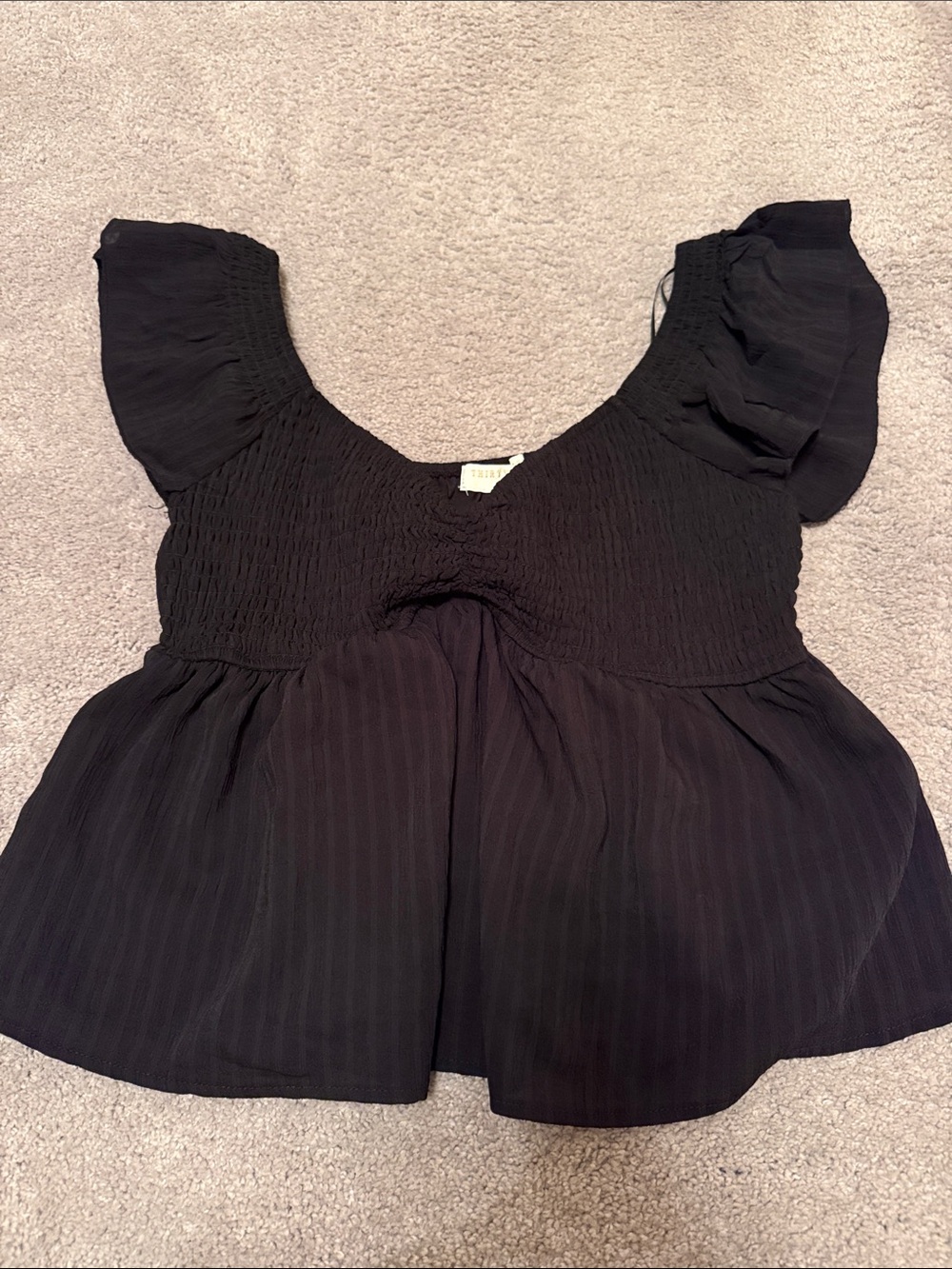 Black Smocked Flutter-Sleeve Peplum Blouse